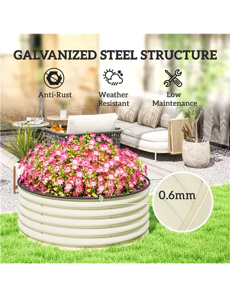 Outsunny Galvanised Raised Garden Bed with Safety Edging, Outdoor Raised Planter Box with Gloves, 120 x 120 x 43cm, Cream White