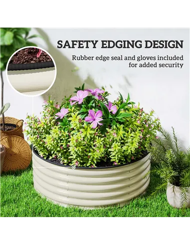 Outsunny Galvanised Raised Garden Bed with Safety Edging, Outdoor Raised Planter Box with Gloves, 120 x 120 x 43cm, Cream White