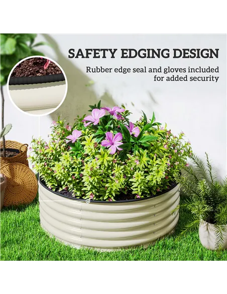 Outsunny Galvanised Raised Garden Bed with Safety Edging, Outdoor Raised Planter Box with Gloves, 120 x 120 x 43cm, Cream White