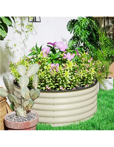 Outsunny Galvanised Raised Garden Bed with Safety Edging, Outdoor Raised Planter Box with Gloves, 120 x 120 x 43cm, Cream White