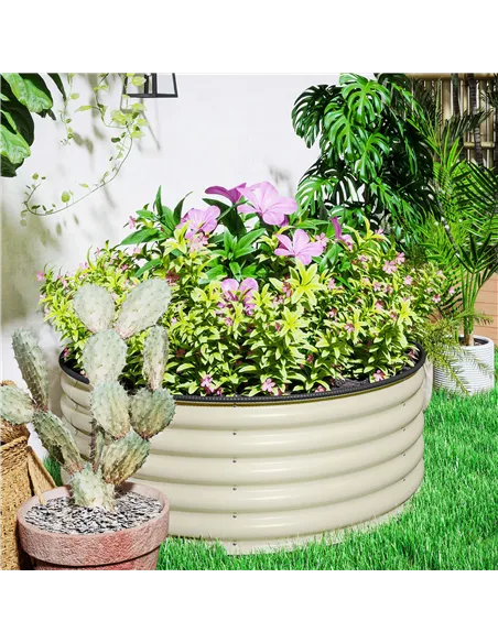 Outsunny Galvanised Raised Garden Bed with Safety Edging, Outdoor Raised Planter Box with Gloves, 120 x 120 x 43cm, Cream White
