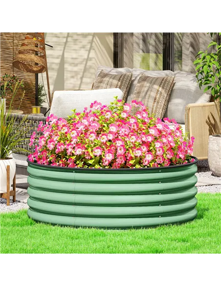 Outsunny Galvanised Raised Garden Bed with Safety Edging, Outdoor Raised Planter Box with Gloves, 120 x 120 x 43cm, Light Green