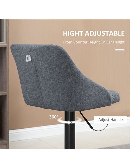HOMCOM Modern Adjustable Bar Stools Set of 2, Swivel Fabric Barstools with Footrest, Armrests and Back, for Kitchen Counter and 