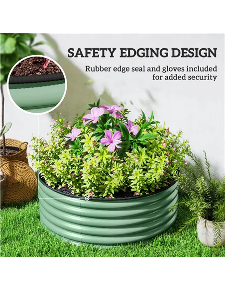 Outsunny Galvanised Raised Garden Bed with Safety Edging, Outdoor Raised Planter Box with Gloves, 120 x 120 x 43cm, Light Green
