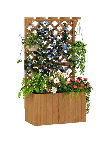 Outsunny Wooden Planter with Trellis, Freestanding Raised Garden Bed with Drainage Holes, Outdoor Planter Box with Liner for Veg
