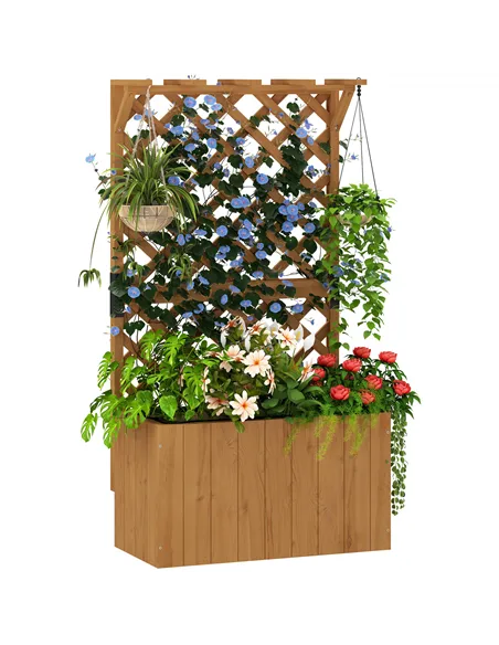 Outsunny Wooden Planter with Trellis, Freestanding Raised Garden Bed with Drainage Holes, Outdoor Planter Box with Liner for Veg
