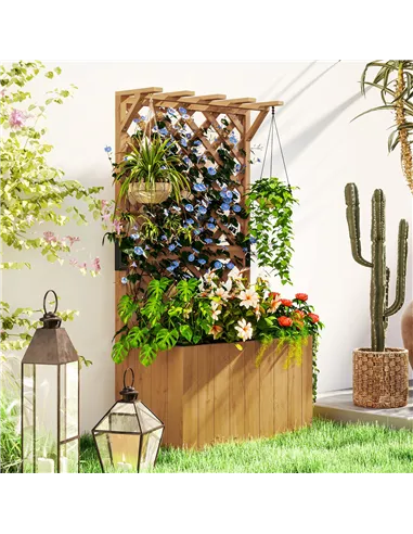 Outsunny Wooden Planter with Trellis, Freestanding Raised Garden Bed with Drainage Holes, Outdoor Planter Box with Liner for Veg