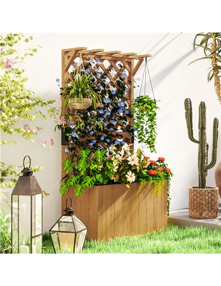 Outsunny Wooden Planter with Trellis, Freestanding Raised Garden Bed with Drainage Holes, Outdoor Planter Box with Liner for Veg