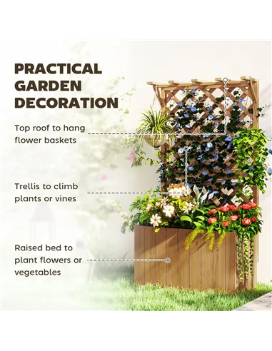 Outsunny Wooden Planter with Trellis, Freestanding Raised Garden Bed with Drainage Holes, Outdoor Planter Box with Liner for Veg