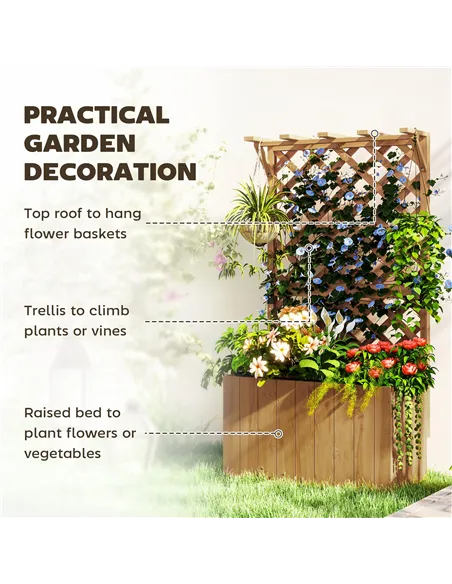 Outsunny Wooden Planter with Trellis, Freestanding Raised Garden Bed with Drainage Holes, Outdoor Planter Box with Liner for Veg