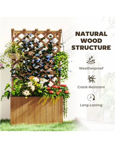 Outsunny Wooden Planter with Trellis, Freestanding Raised Garden Bed with Drainage Holes, Outdoor Planter Box with Liner for Veg