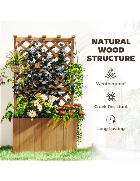 Outsunny Wooden Planter with Trellis, Freestanding Raised Garden Bed with Drainage Holes, Outdoor Planter Box with Liner for Veg