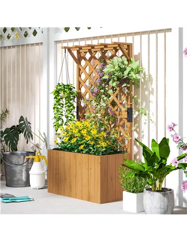Outsunny Wooden Planter with Trellis, Freestanding Raised Garden Bed with Drainage Holes, Outdoor Planter Box with Liner for Veg
