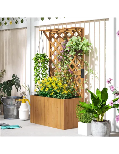 Outsunny Wooden Planter with Trellis, Freestanding Raised Garden Bed with Drainage Holes, Outdoor Planter Box with Liner for Veg