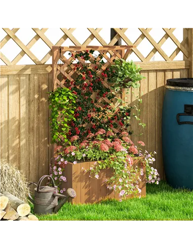 Outsunny Wooden Planter with Trellis, Freestanding Raised Garden Bed with Drainage Holes, Outdoor Planter Box with Liner for Veg