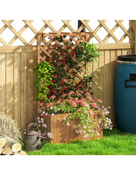 Outsunny Wooden Planter with Trellis, Freestanding Raised Garden Bed with Drainage Holes, Outdoor Planter Box with Liner for Veg