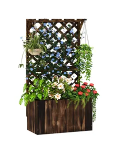 Outsunny Wooden Planter with Trellis, Freestanding Raised Garden Bed with Drainage Holes, Outdoor Planter Box with Liner for Veg