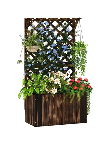 Outsunny Wooden Planter with Trellis, Freestanding Raised Garden Bed with Drainage Holes, Outdoor Planter Box with Liner for Veg