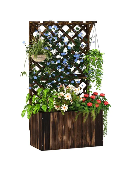 Outsunny Wooden Planter with Trellis, Freestanding Raised Garden Bed with Drainage Holes, Outdoor Planter Box with Liner for Veg