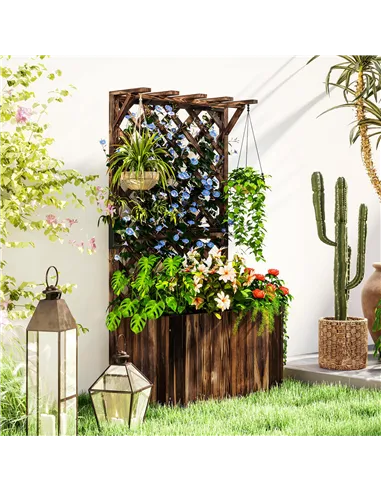 Outsunny Wooden Planter with Trellis, Freestanding Raised Garden Bed with Drainage Holes, Outdoor Planter Box with Liner for Veg