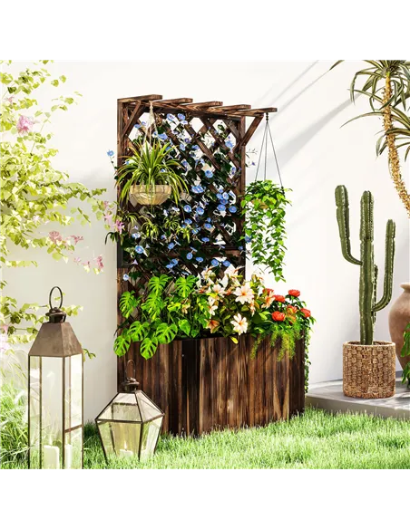 Outsunny Wooden Planter with Trellis, Freestanding Raised Garden Bed with Drainage Holes, Outdoor Planter Box with Liner for Veg