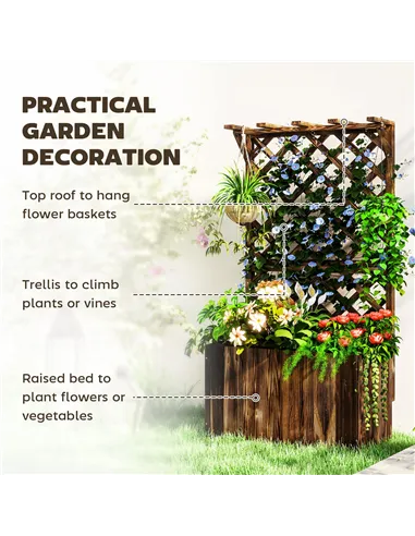 Outsunny Wooden Planter with Trellis, Freestanding Raised Garden Bed with Drainage Holes, Outdoor Planter Box with Liner for Veg