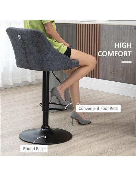 HOMCOM Modern Adjustable Bar Stools Set of 2, Swivel Fabric Barstools with Footrest, Armrests and Back, for Kitchen Counter and 
