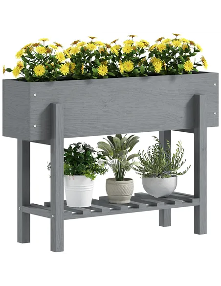 Outsunny Wooden Two-Tier Raised Planter - Grey