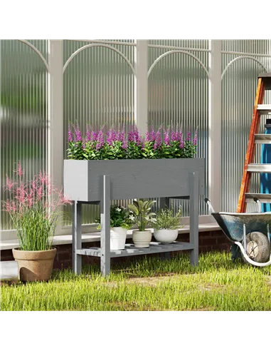 Outsunny Wooden Two-Tier Raised Planter - Grey