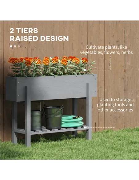 Outsunny Wooden Two-Tier Raised Planter - Grey