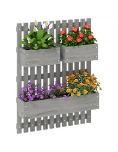 Outsunny Wall-mounted Wooden Garden Planters with Trellis, Drainage Holes and 3 Planter Boxes for Patio, Grey