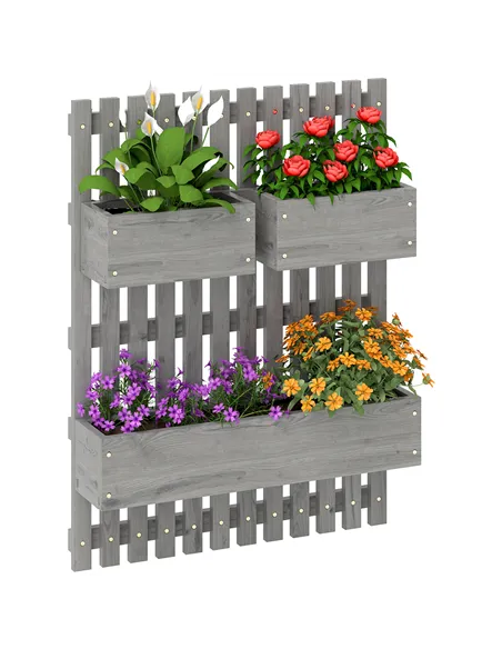 Outsunny Wall-mounted Wooden Garden Planters with Trellis, Drainage Holes and 3 Planter Boxes for Patio, Grey