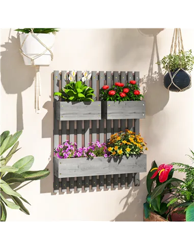 Outsunny Wall-mounted Wooden Garden Planters with Trellis, Drainage Holes and 3 Planter Boxes for Patio, Grey