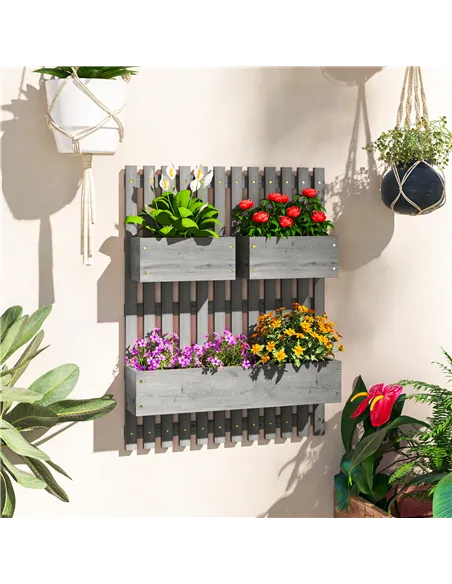 Outsunny Wall-mounted Wooden Garden Planters with Trellis, Drainage Holes and 3 Planter Boxes for Patio, Grey