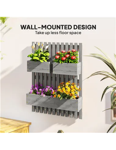 Outsunny Wall-mounted Wooden Garden Planters with Trellis, Drainage Holes and 3 Planter Boxes for Patio, Grey