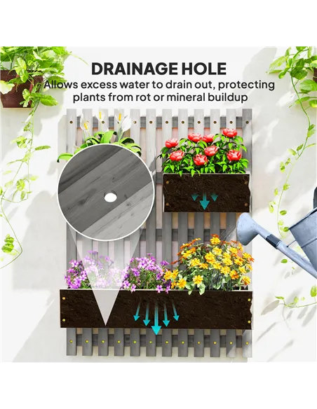 Outsunny Wall-mounted Wooden Garden Planters with Trellis, Drainage Holes and 3 Planter Boxes for Patio, Grey