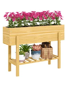 Outsunny Wooden Raised Garden Bed, Elevated Planter Box with Bed Liner, Drainage Holes and Storage Shelf, Raised Planter for Veg