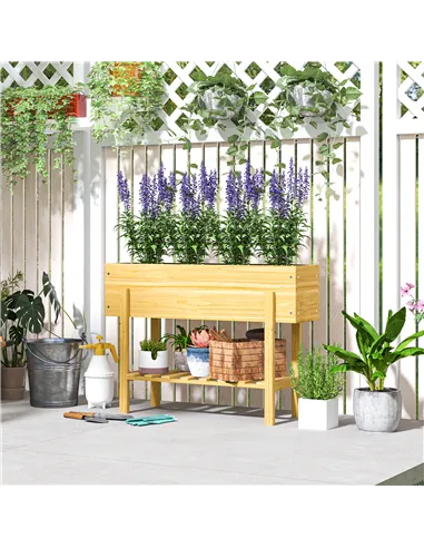 Outsunny Wooden Raised Garden Bed, Elevated Planter Box with Bed Liner, Drainage Holes and Storage Shelf, Raised Planter for Veg