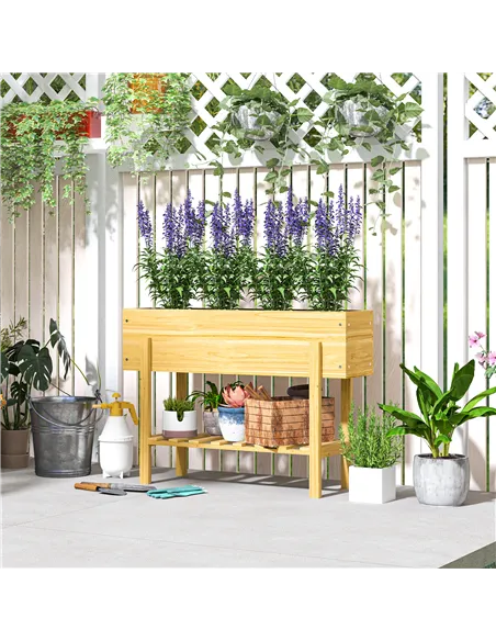 Outsunny Wooden Raised Garden Bed, Elevated Planter Box with Bed Liner, Drainage Holes and Storage Shelf, Raised Planter for Veg