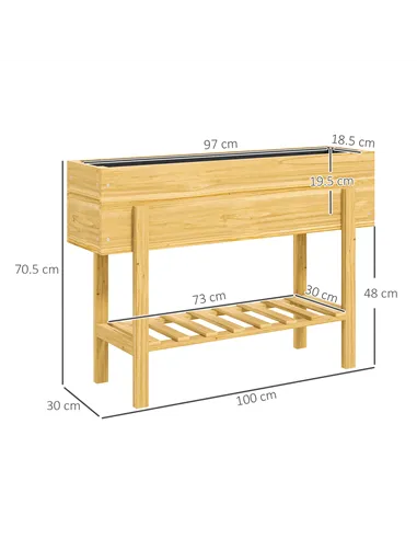 Outsunny Wooden Raised Garden Bed, Elevated Planter Box with Bed Liner, Drainage Holes and Storage Shelf, Raised Planter for Veg