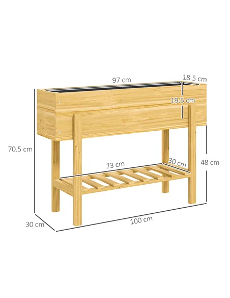 Outsunny Wooden Raised Garden Bed, Elevated Planter Box with Bed Liner, Drainage Holes and Storage Shelf, Raised Planter for Veg