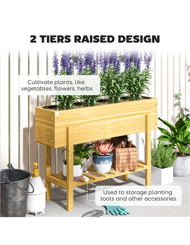 Outsunny Wooden Raised Garden Bed, Elevated Planter Box with Bed Liner, Drainage Holes and Storage Shelf, Raised Planter for Veg