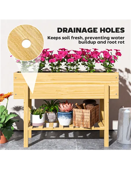Outsunny Wooden Raised Garden Bed, Elevated Planter Box with Bed Liner, Drainage Holes and Storage Shelf, Raised Planter for Veg