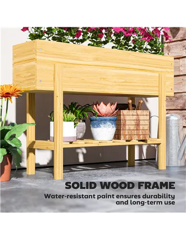 Outsunny Wooden Raised Garden Bed, Elevated Planter Box with Bed Liner, Drainage Holes and Storage Shelf, Raised Planter for Veg