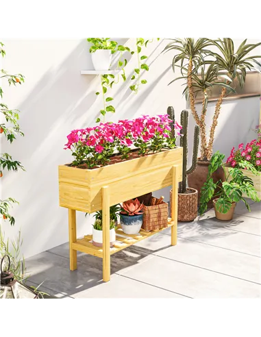 Outsunny Wooden Raised Garden Bed, Elevated Planter Box with Bed Liner, Drainage Holes and Storage Shelf, Raised Planter for Veg