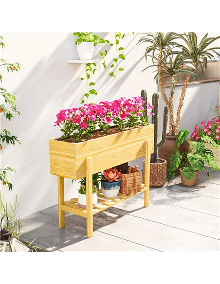 Outsunny Wooden Raised Garden Bed, Elevated Planter Box with Bed Liner, Drainage Holes and Storage Shelf, Raised Planter for Veg