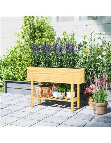 Outsunny Wooden Raised Garden Bed, Elevated Planter Box with Bed Liner, Drainage Holes and Storage Shelf, Raised Planter for Veg