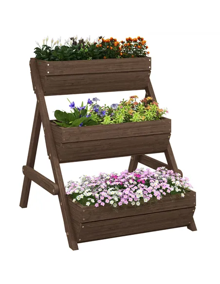 Outsunny 3 Tier Raised Garden Bed Wooden Elevated Planter Box Kit, 66L for Flower, Vegetable, Herb, 65x75x78cm, Tan