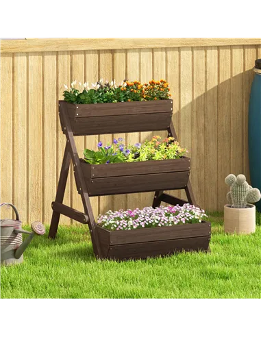 Outsunny 3 Tier Raised Garden Bed Wooden Elevated Planter Box Kit, 66L for Flower, Vegetable, Herb, 65x75x78cm, Tan