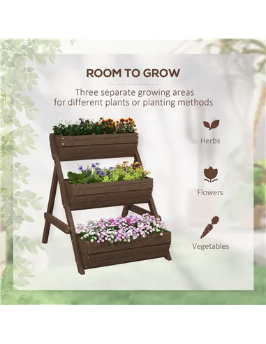 Outsunny 3 Tier Raised Garden Bed Wooden Elevated Planter Box Kit, 66L for Flower, Vegetable, Herb, 65x75x78cm, Tan
